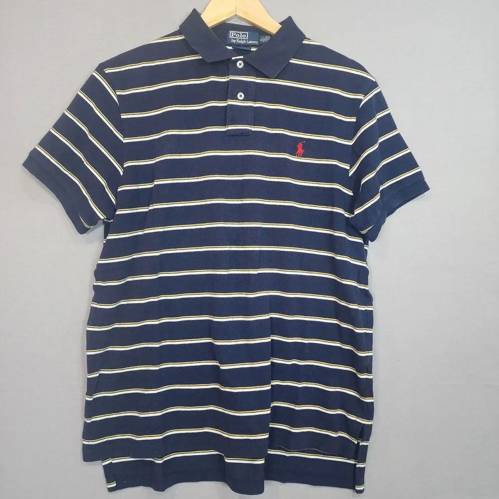 Ralph Lauren Polo Blue and Yellow striped Short Sleeve Pull Over Men's Sz XL‎
